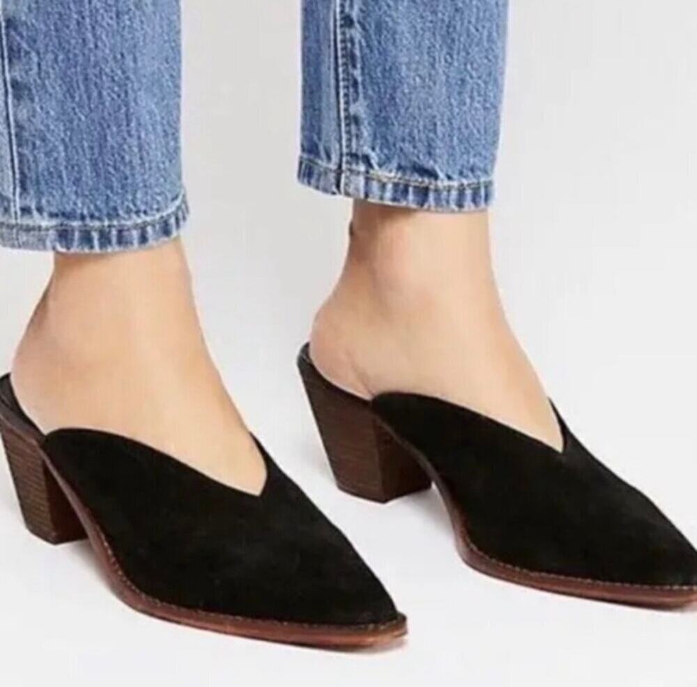 Free People Anya Womens Suede Pointed Toe Western Chunky Heel Mules Shoes Size 9